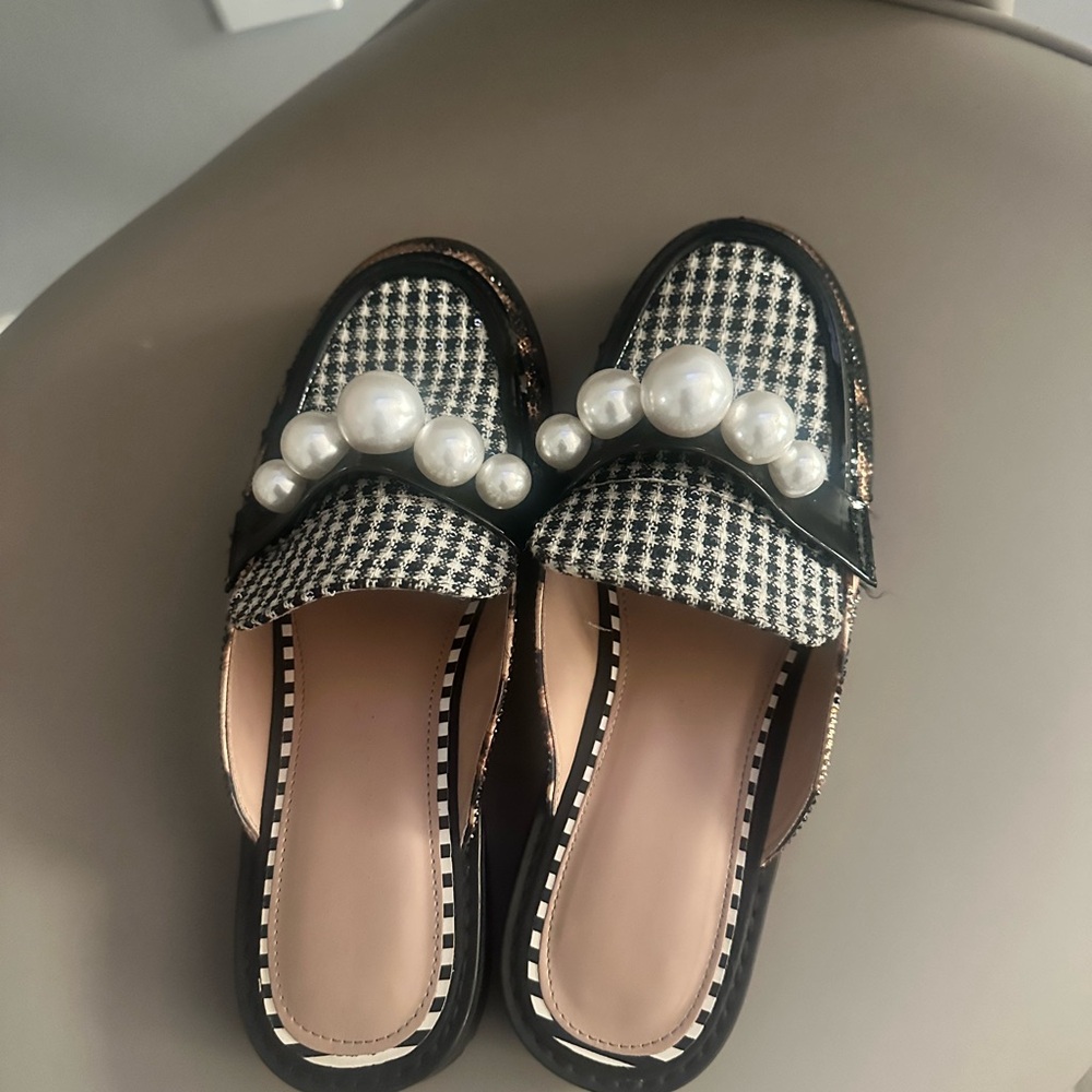 Betsey Johnson Black and White Gingham Flats with Pom-Poms